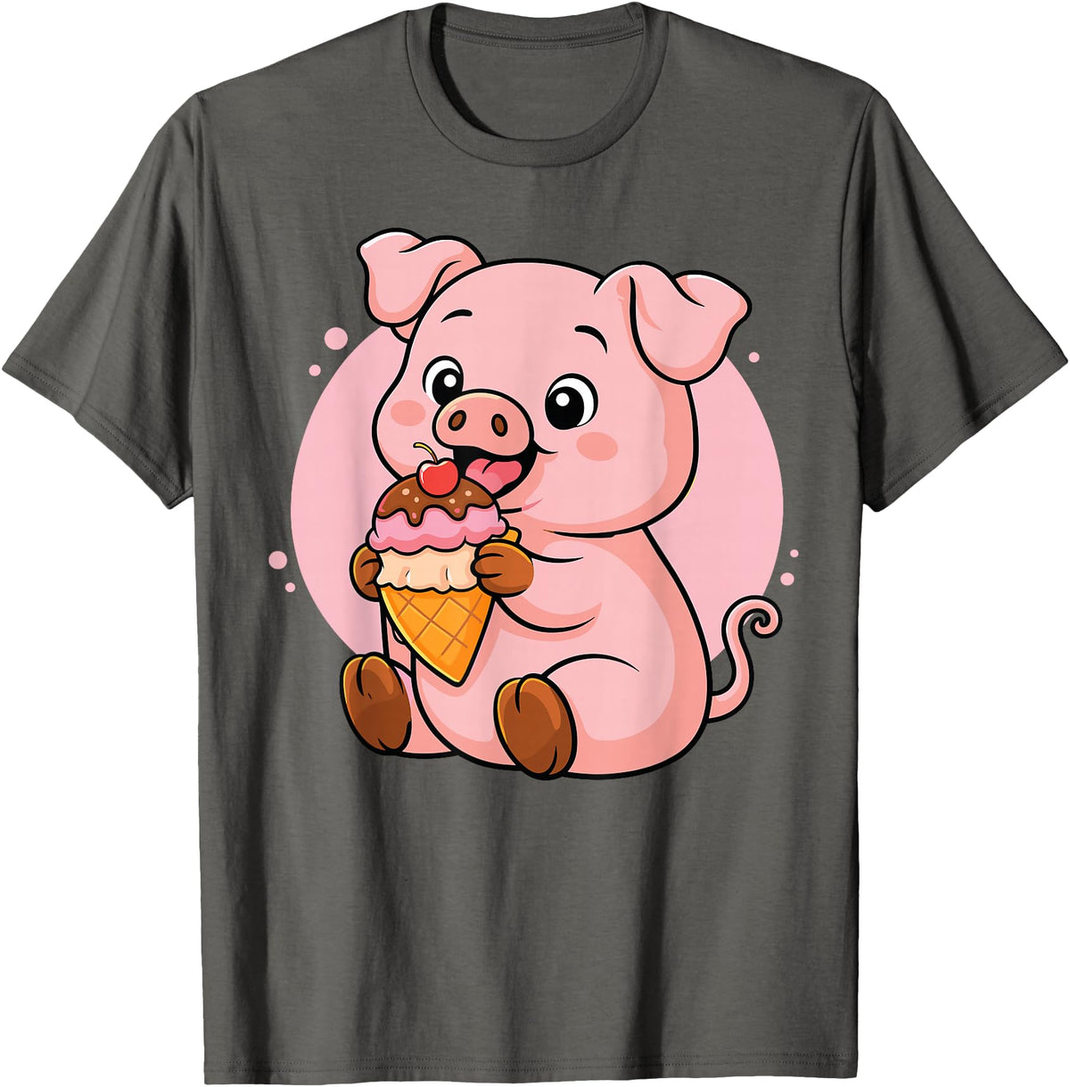 Funny Cute Pig Ice Cream Kawaii Design Pig Eating Ice Cream Graphic Boys Girls Pig Lover T-Shirt - Asphalt Grey