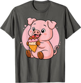 Funny Cute Pig Ice Cream Kawaii Design Pig Eating Ice Cream Graphic Boys Girls Pig Lover T-Shirt - Asphalt Grey