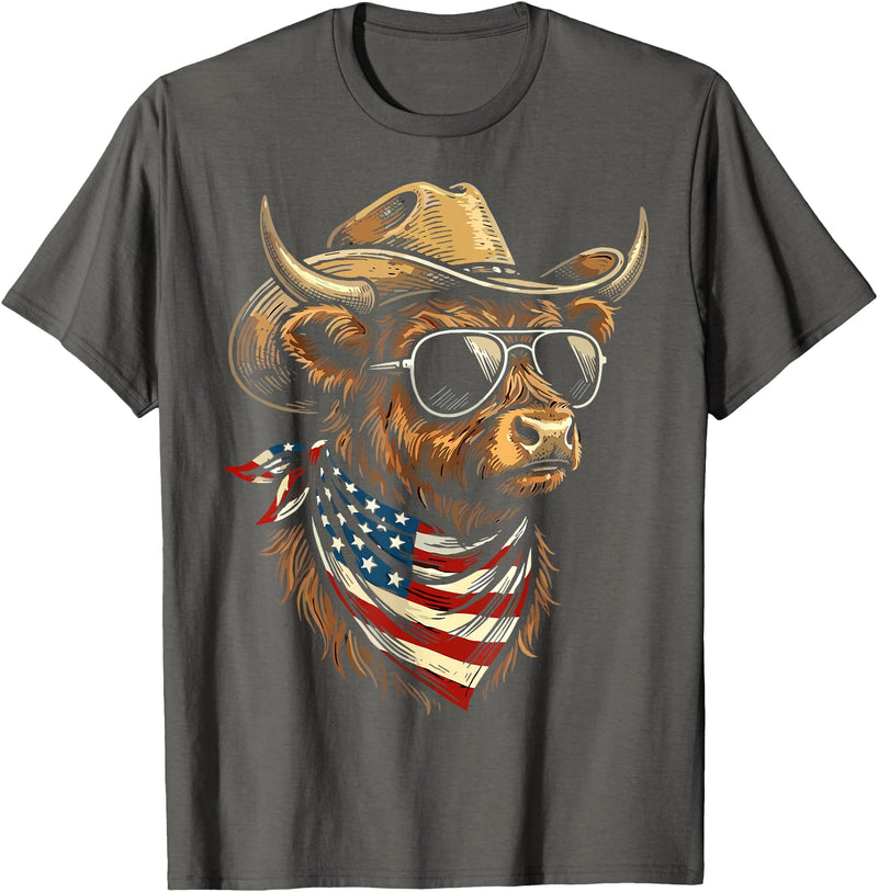 Highland Cow Patriotic USA Western USA Patriotic Cowboy Highland Cow Western 4th of July T-Shirt - Asphalt Grey