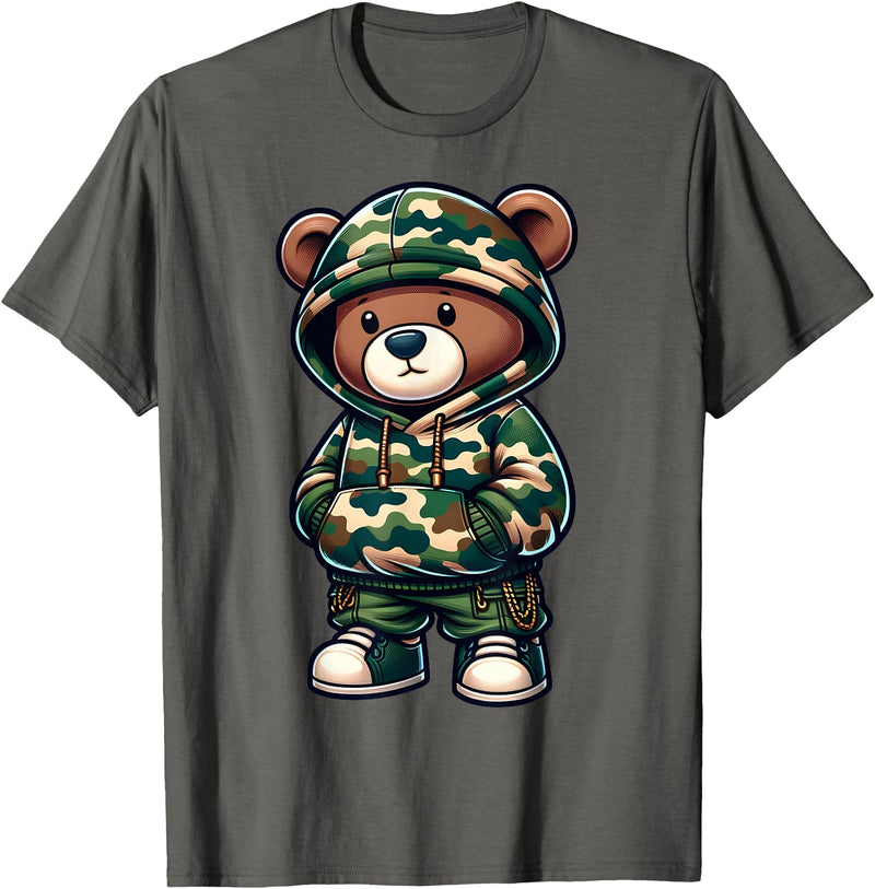 Camo Teddy Bear Hip Hop Designs for Men & Boys Camo Hip Hop Teddy Bear Camouflage Gangsta Streetwear Hustle T-Shirt - Asphalt Grey