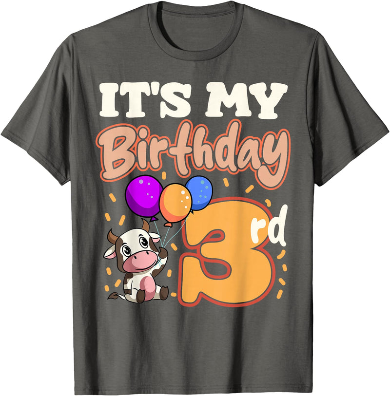 Cow Birthday 3 Party Farmyard Apparel Cow 3rd Birthday Party Balloons Moo Farm Animal Vet Barn T-Shirt - Asphalt Grey