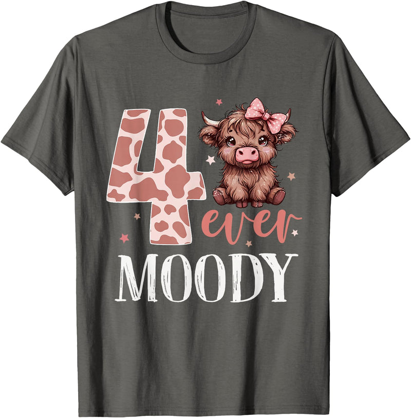 Highland Cow Print 4 Year Old Girl Birthday Gifts 4 Ever Moody Scottish Highland Cow 4th Birthday Girl T-Shirt - Asphalt Grey