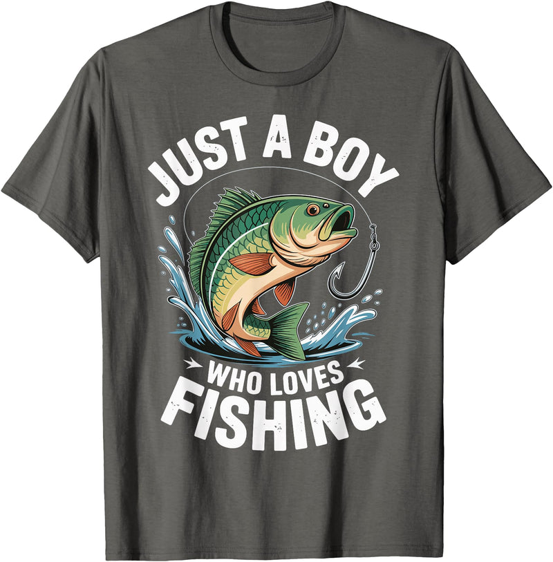 Boy Fishing Fisher Angler Kid Just A Boy Who Loves Fishing T-Shirt - Asphalt Grey