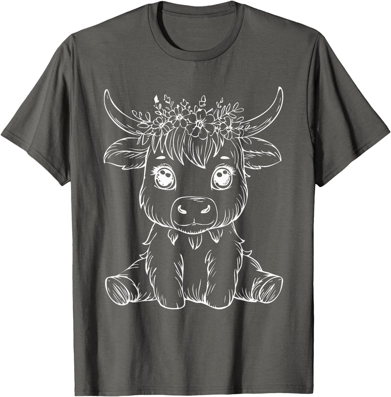 Highland Cow Lover Gifts Apparel and More Cute Highland Cow Flowers Floral Cowboy Farm Country T-Shirt - Asphalt Grey