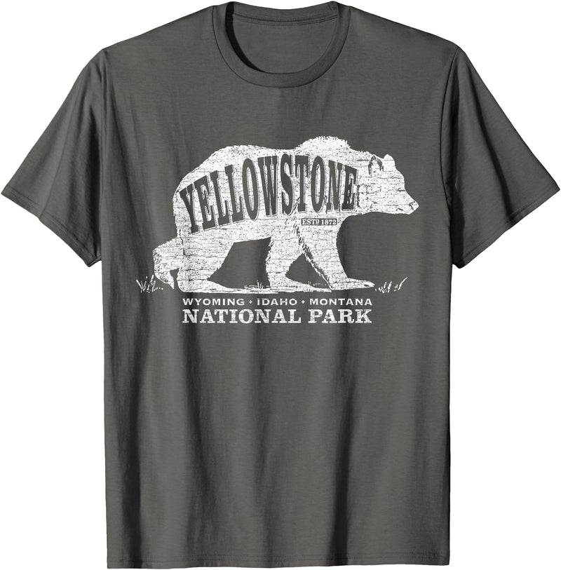 Vintage Yellowstone Retro Tees Tanks Tops Grizzly Bear Yellowstone National Park Est. 1872 T-Shirt - Asphalt Grey