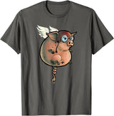 Logic Streetwear Flying Pig Funny Hand Drawn and Painted Art T-Shirt - Asphalt Grey