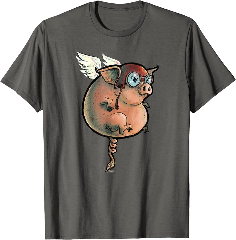 Logic Streetwear Flying Pig Funny Hand Drawn and Painted Art T-Shirt - Asphalt Grey