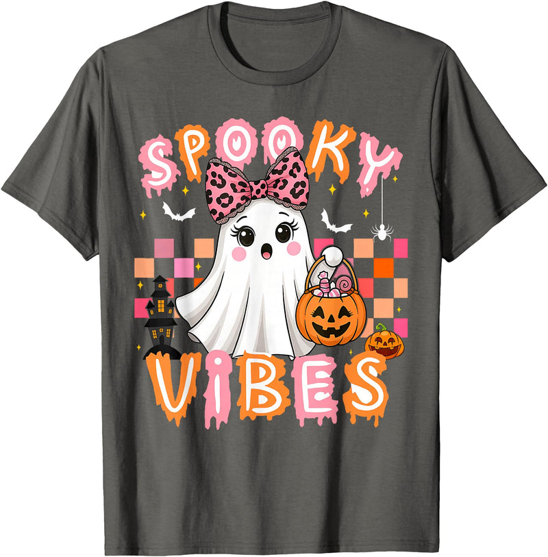 Cute Boo Leopard Halloween Costumes Spooky Vibes Cute Boo Ghost Halloween Costumes Girls T-Shirt - Asphalt Grey