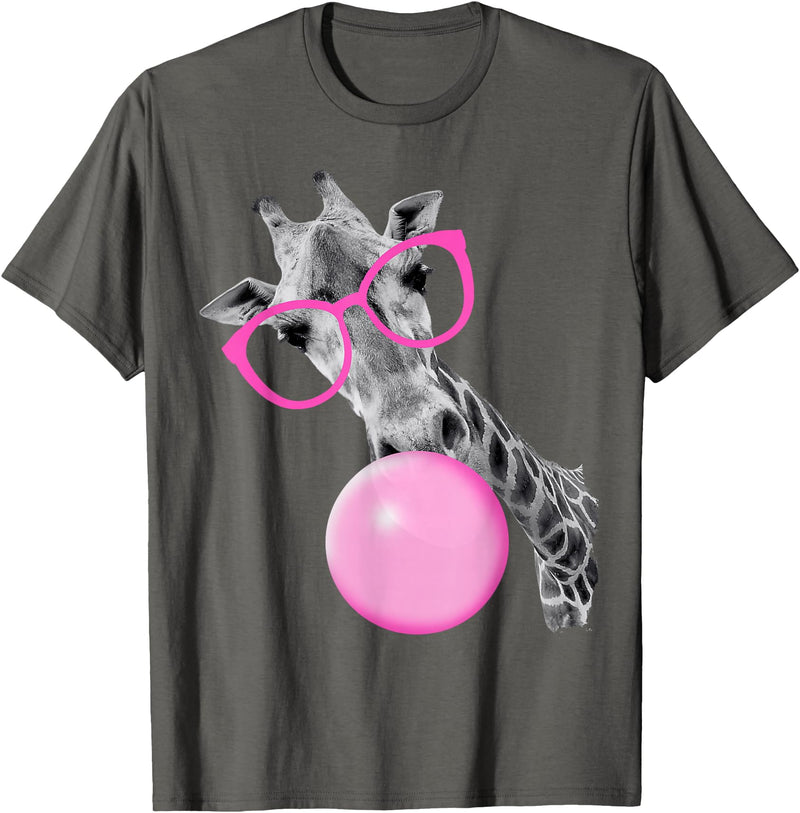 Pink Glasses and Bubblegum Animals Cool Giraffe Blowing Bubble with Pink Glasses – Funny Animal T-Shirt - Asphalt Grey