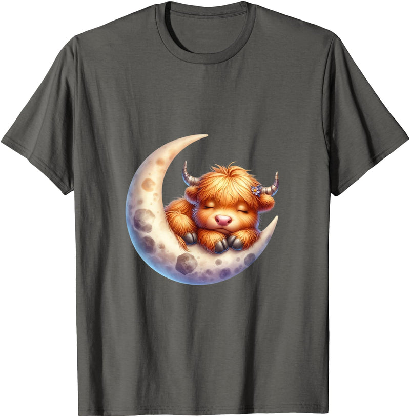 Cute Baby Highland Cow Sleeping on the Moon Heifer Farm T-Shirt - Asphalt Grey