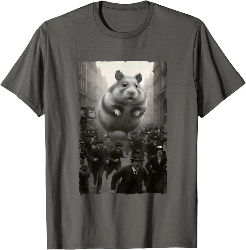 Giant Puffy Hamster Funny Destroying Retro City Picture T-Shirt - Asphalt Grey