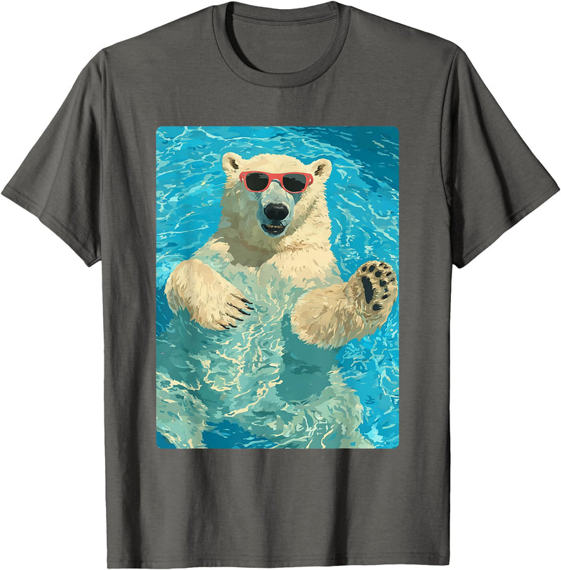 Pool Party Summer Animals Designs Funny Polar Bear with Sunglasses Summer Animal Swimming T-Shirt - Asphalt Grey