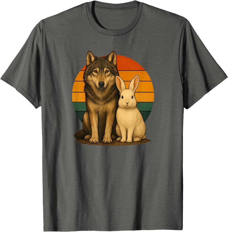 Wolf Rabbit Retro Animal Friends T-Shirt in Asphalt Grey