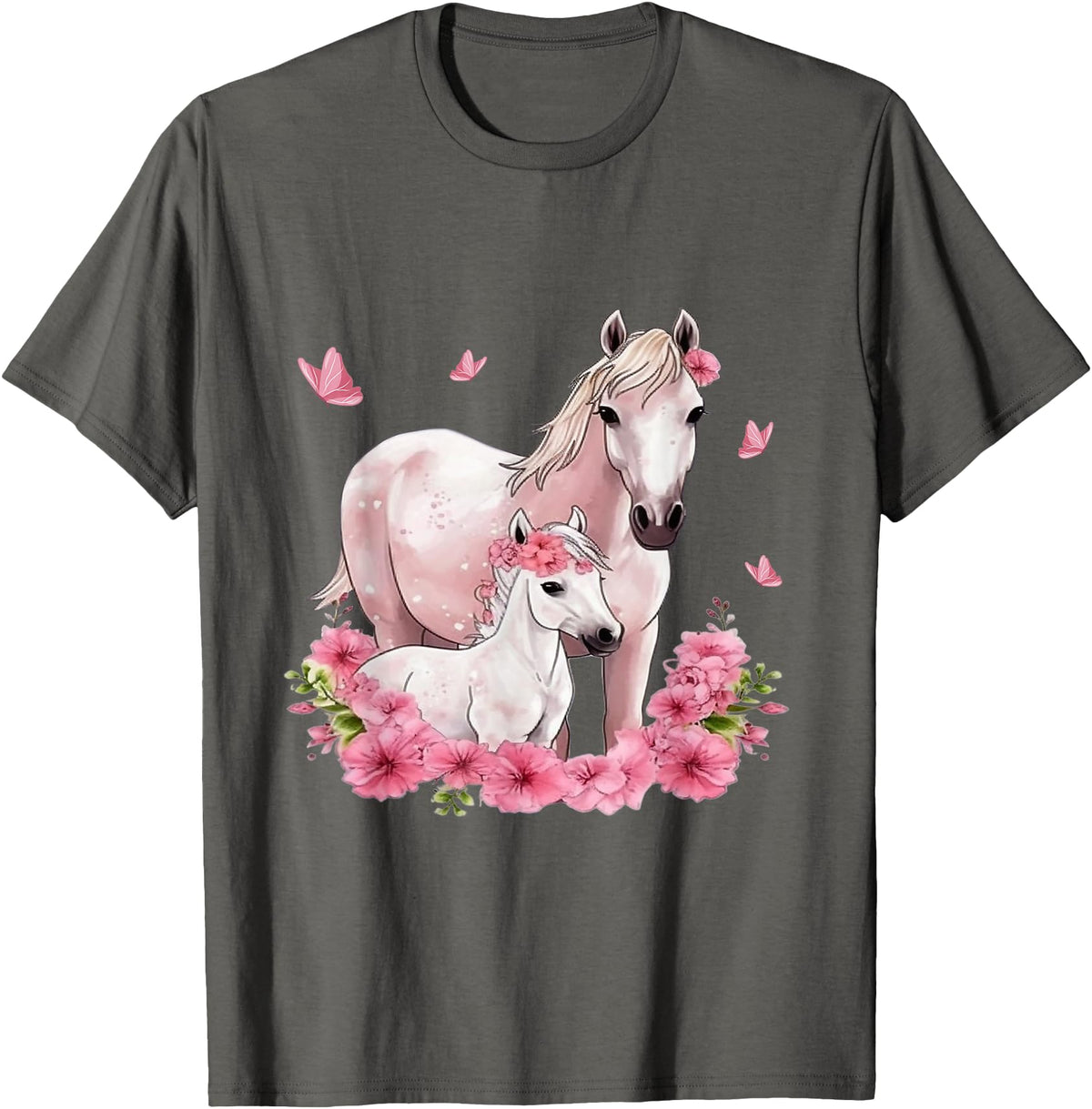 Horse Foal Butterfly Girl Flowers Horseback Riding Horse with Foal - Flowers and Butterflies T-Shirt - Asphalt Grey