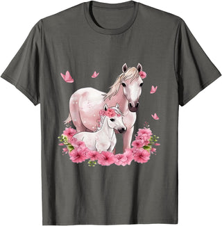 Horse Foal Butterfly Girl Flowers Horseback Riding Horse with Foal - Flowers and Butterflies T-Shirt - Asphalt Grey
