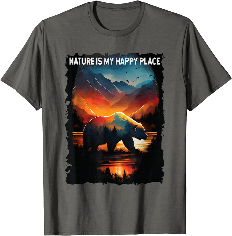 Nature Is My Happy Place Bear Tees Nature Is My Happy Place bear hiking camping mountains T-Shirt - Asphalt Grey