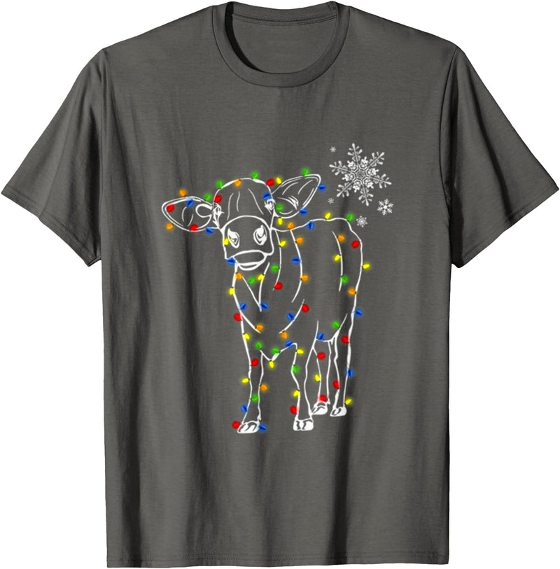 Cow Christmas Light Tree Cow Xmas Snow Lover T-Shirt - Asphalt Grey