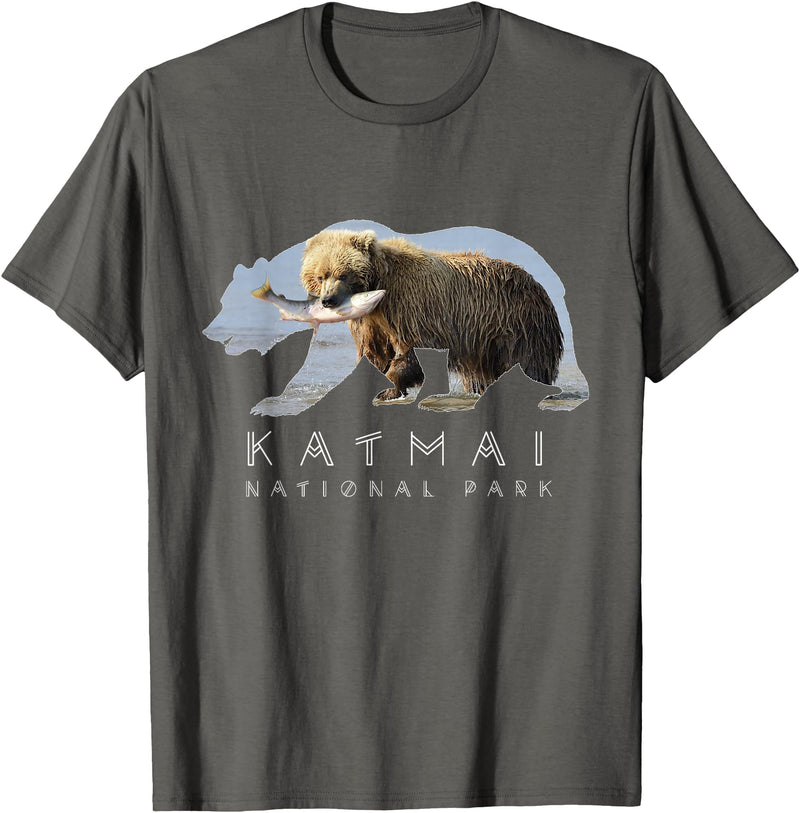 Katmai National Park Landscape Shirts & Gifts Alaskan Bear Katmai National Park Lake Image Alaska Souvenir T-Shirt - Asphalt Grey