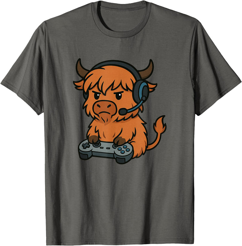 GamerAxis1 Highland Cow Gamer Gaming Retro Videogames Boys Girls Kids T-Shirt - Asphalt Grey