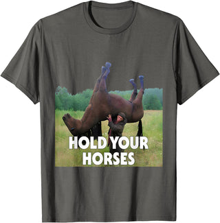 Hold Your Horses Meme Hold Your Horses Funny Meme T-Shirt - Asphalt Grey