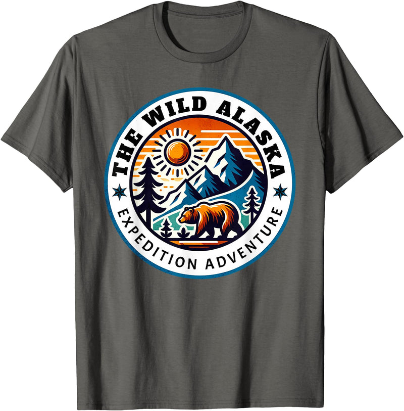 Hiking Glacier Bear and Alaska Frontier Apparel Glacier Mountain Landscape and Alaskan Bear Wildlife T-Shirt - Asphalt Grey