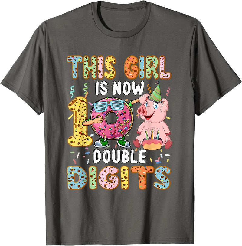 Farmer Birthday Costume Girl Costume 10 Double Digits Funny 10th Birthday Pig T-Shirt - Asphalt Grey