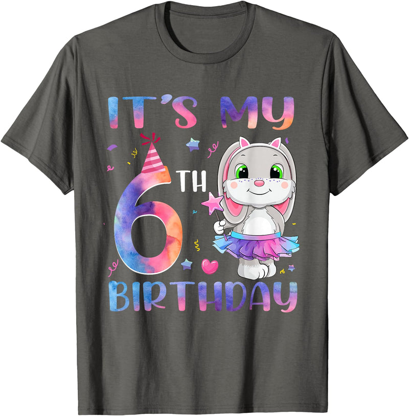 It's My 6th Birthday Bunny Rabbit 6 Years Old Boy Girl T-Shirt in Asphalt Grey