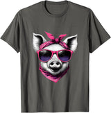 Fashionable Animals Wearing Pink Bandanas Pig Wearing A Pink Bandana Headband And Sunglasses T-Shirt - Asphalt Grey