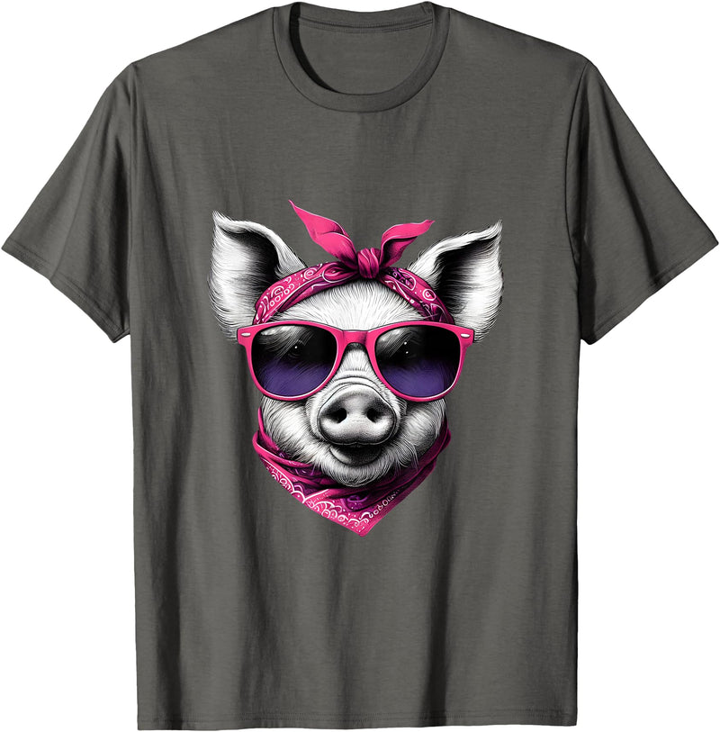 Fashionable Animals Wearing Pink Bandanas Pig Wearing A Pink Bandana Headband And Sunglasses T-Shirt - Asphalt Grey