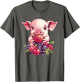 Cute Pig Eating Strawberries And Berries Fun Adorable Pig With Strawberries And Berries T-Shirt - Asphalt Grey
