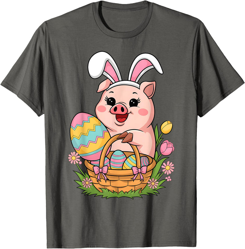 Happy Easter Pig Animal Happy Easter Women Girls Kids Easter Egg Basket Easter Pig T-Shirt - Asphalt Grey