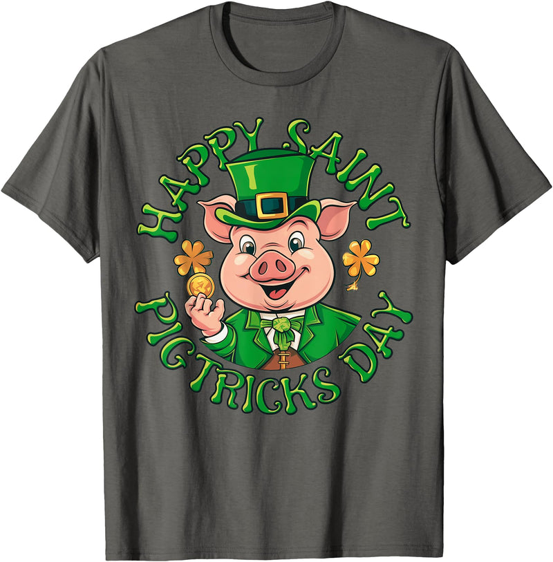 Funny Saint Patricks Day Happy Saint Pigtricks Day St Patricks Pig Leprechaun Funny T-Shirt - Asphalt Grey