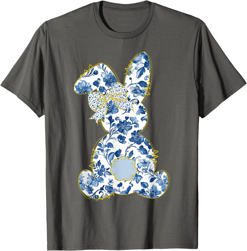 Cute Easter Toile Chinoiserie Blue Floral Bunny Coquette Bow T-Shirt in Asphalt Grey