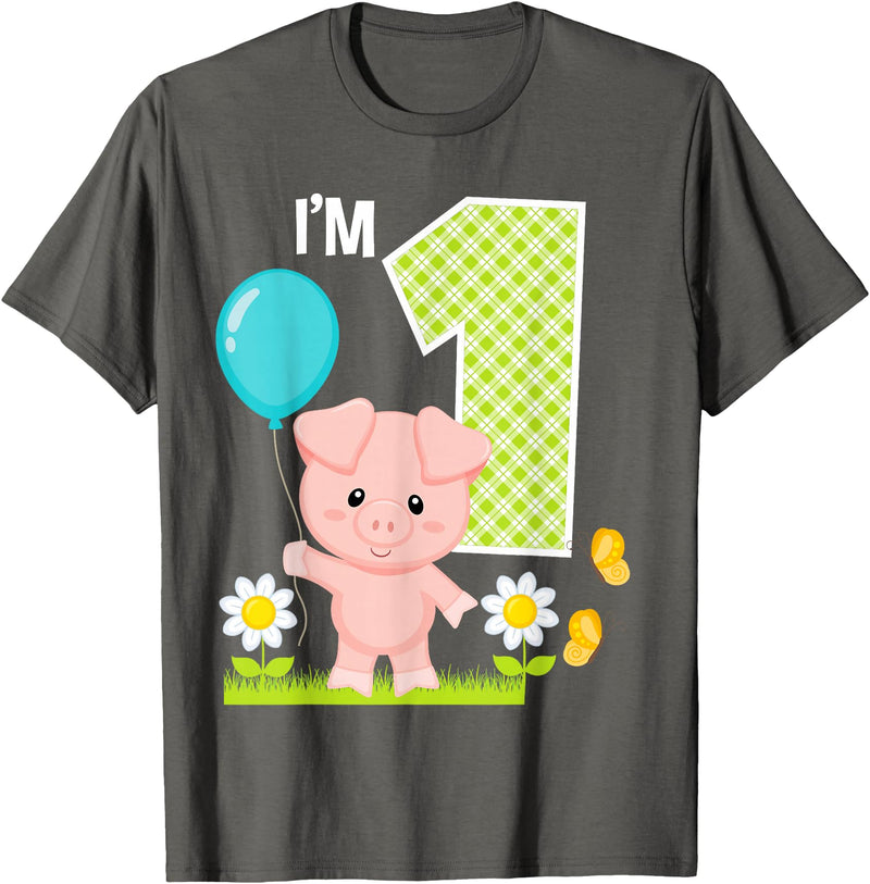 Cute Piglets Pig Barn Farm Birthday Party Supplies Pig 1st Birthday Girl 1 Year Old Birthday Cute Piglet Bday T-Shirt - Asphalt Grey