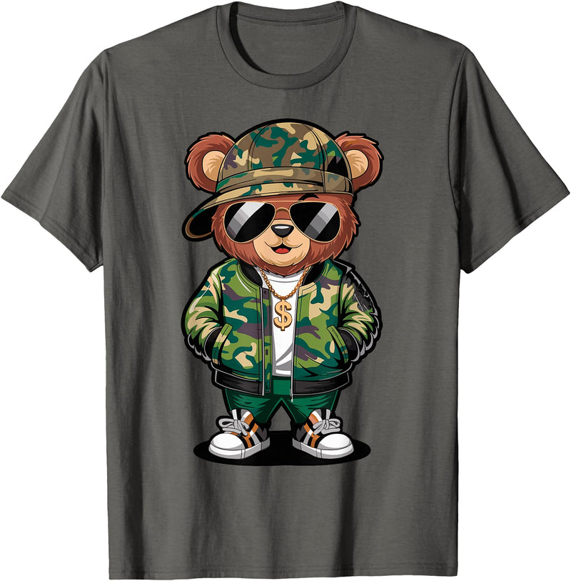 Magical and Funny Teddy Bear Gifts Hip Hop Teddy Bear Camouflage Rap Music T-Shirt - Asphalt Grey