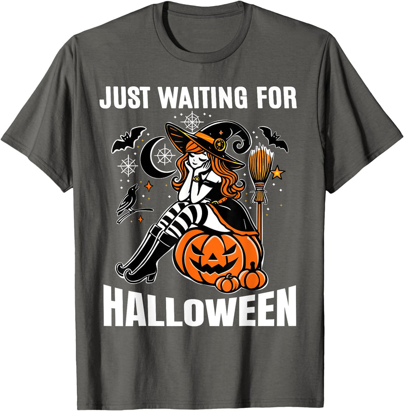 Boo Trick R Treat Halloween Costumes Kids Women Just Waiting on Halloween Witch Halloween Decorations Spooky T-Shirt -