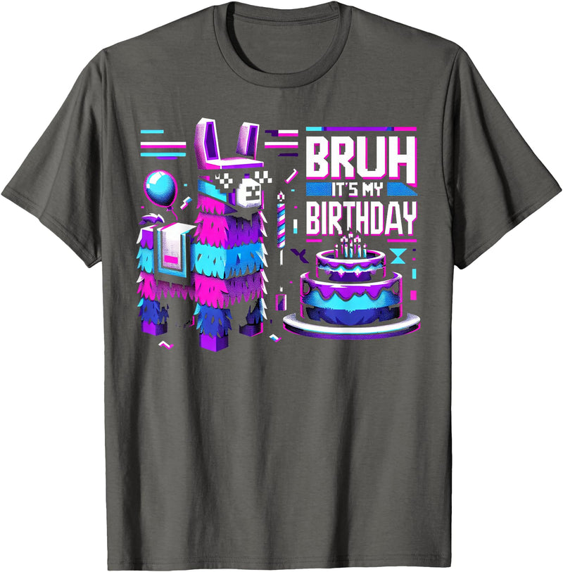 Llama Pinata Birthday Family Bday Party Decoration Llama Pinata Video Game Funny Gamer Bruh Its My Birthday T-Shirt - Asphalt Grey