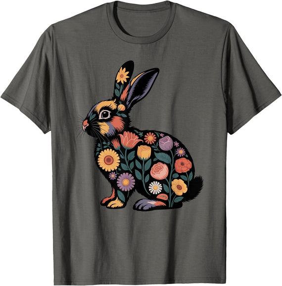 Flowers Floral Bunny Rabbit Nature Enthusiasts Easter Kids T-Shirt in Asphalt Grey