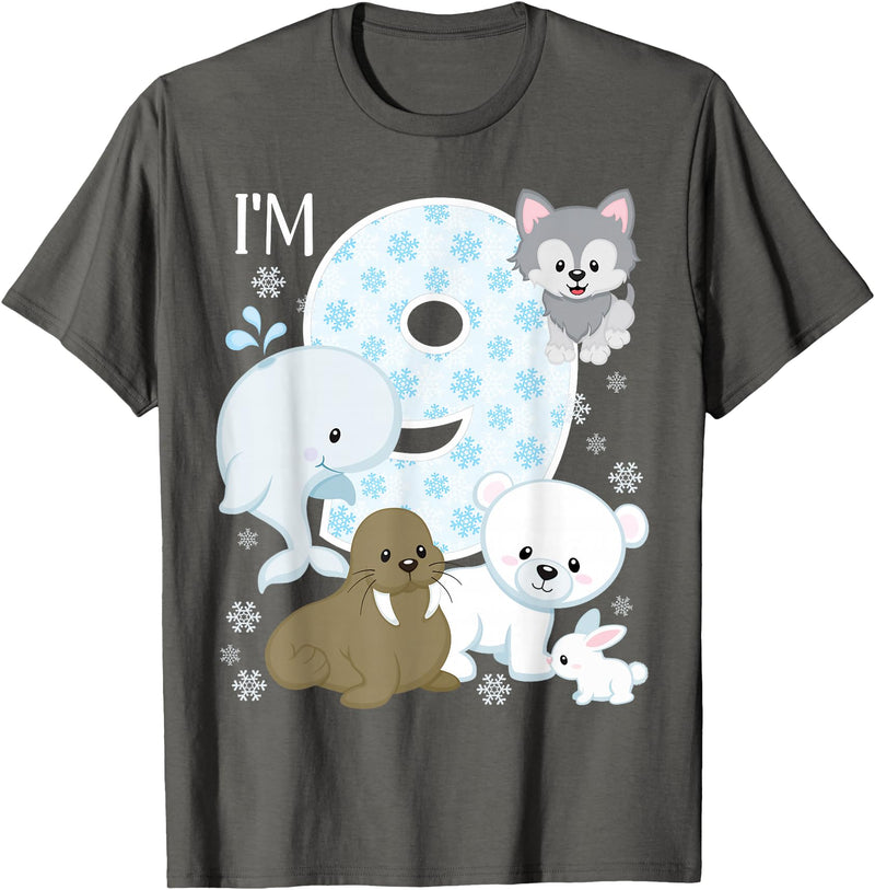Arctic Animals Birthday Party Family Matching Bday Arctic Animals 9th Birthday Polar Bear Walrus Fox Sea Theme T-Shirt - Asphalt Grey