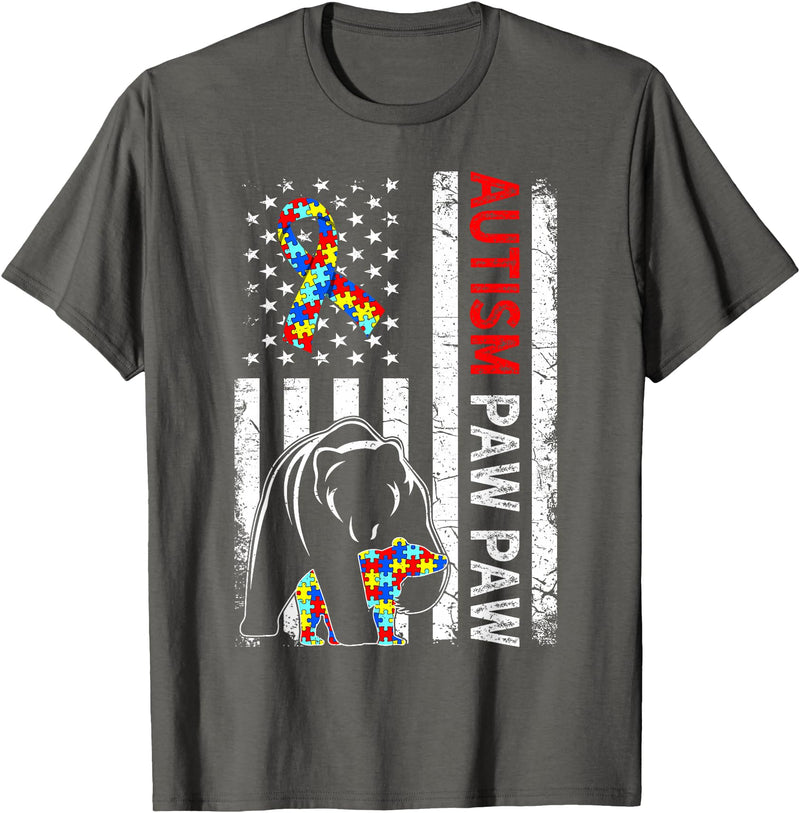 Distressed American Flag Autism Paw Paw Bear Awareness T-Shirt - Asphalt Grey