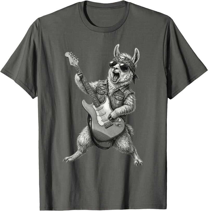 Rock Guitar Llama Stuff Accessories & Gifts Llama Playing Guitar Rock & Roll Llamas Alpaca Rocker Music T-Shirt - Asphalt Grey