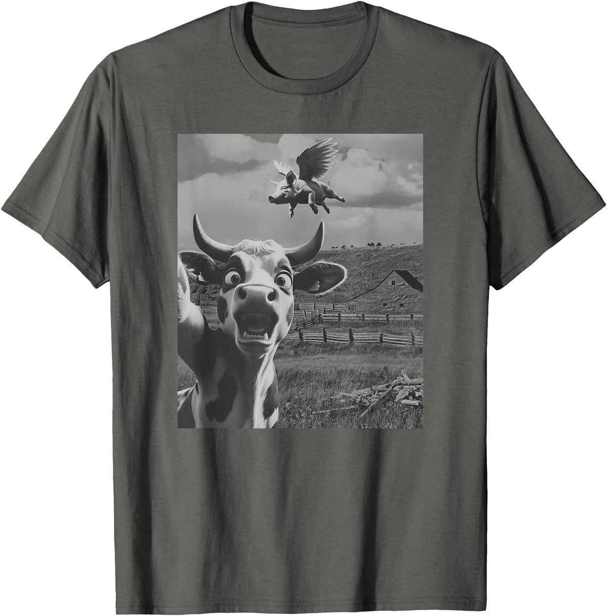 When Pigs Fly Pig Lover Designs Apparel Gifts Cow Selfie With Flying Pigs Fly Funny Gift for Men Women Kid T-Shirt - Asphalt Grey