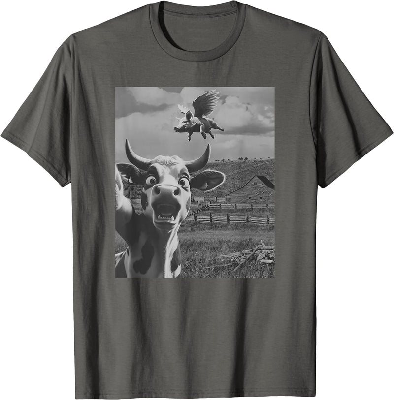 When Pigs Fly Pig Lover Designs Apparel Gifts Cow Selfie With Flying Pigs Fly Funny Gift for Men Women Kid T-Shirt - Asphalt Grey