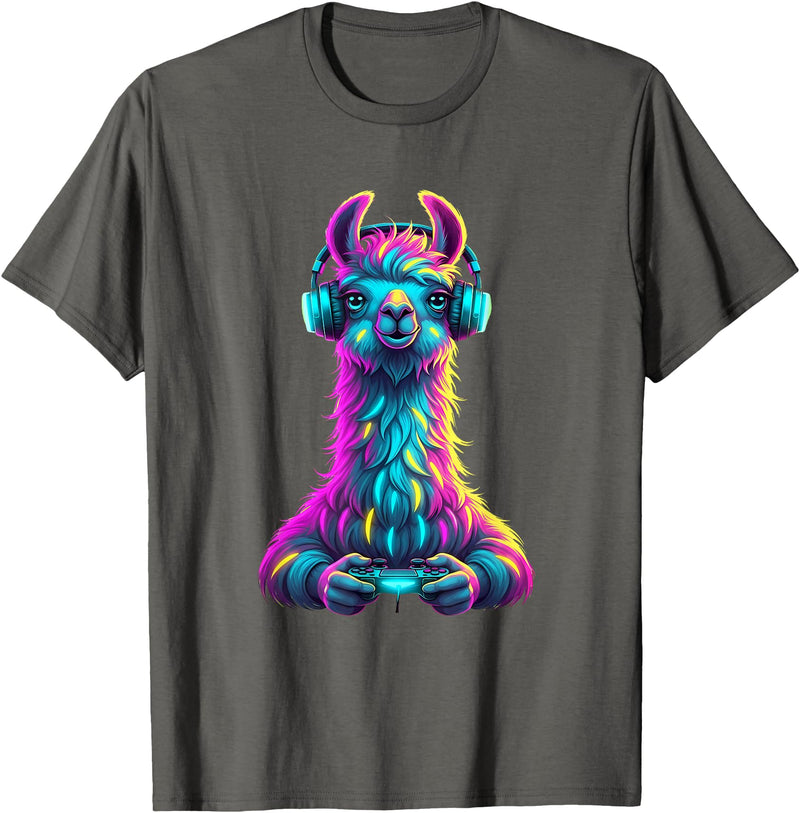 Llama Gamer Lovers Animal Men Women Kids Llama Gaming Animal Video Games Funny Llama T-Shirt - Asphalt Grey