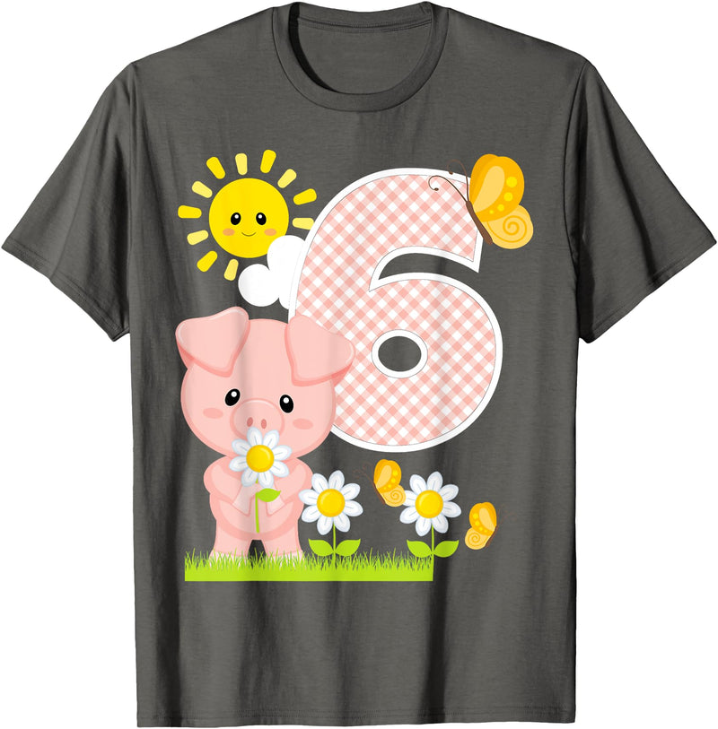 Cute Piglets Pig Barn Farm Birthday Party Supplies Pig 6th Birthday Girl 6 Year Old Birthday Cute Piglet Bday T-Shirt - Asphalt Grey