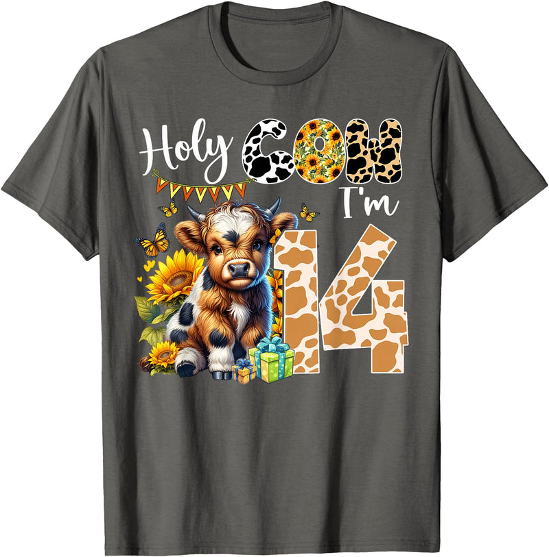 Cute Cow Farm Themed Birthday Girls Family Party Holy Cow I’m 14 Years Old Dairy Cow Sunflowers 14th Birthday T-Shirt -