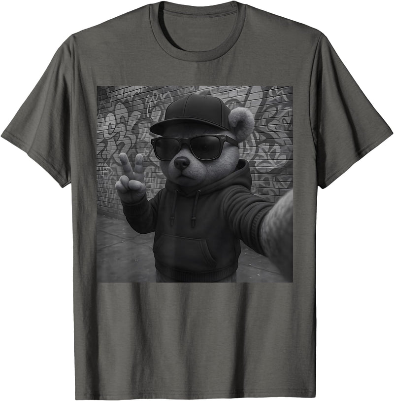 Teddy Bear Graphic Streetwear Hip Hop Men's Design Hip Hop Teddy Bear Selfie Urban Streetwear Peace Sign Rap T-Shirt - Asphalt Grey