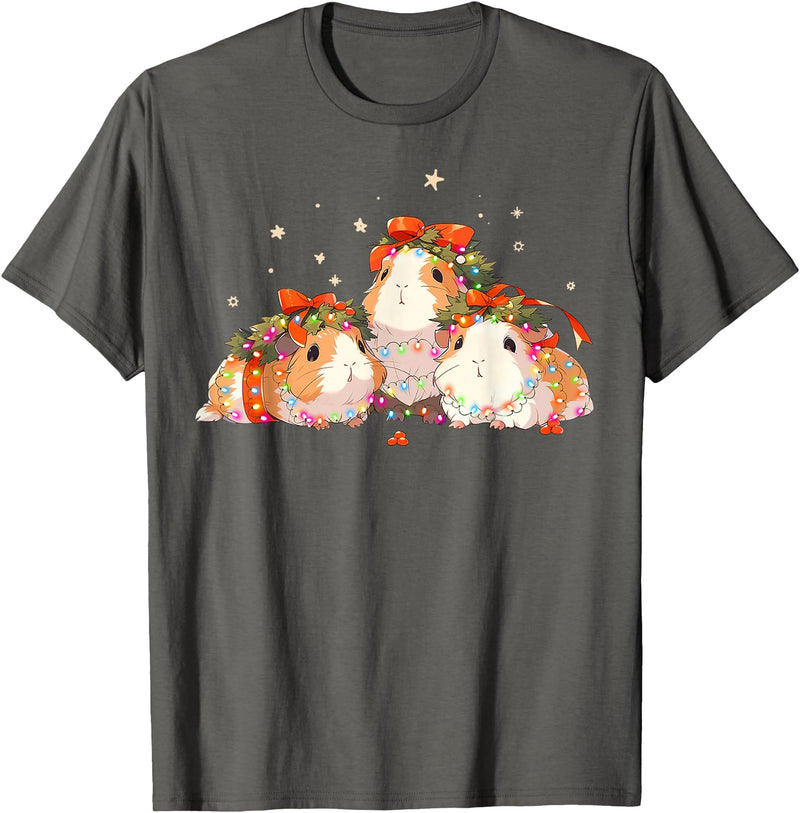 Guinea Pig Christmas Clothing Guinea Pigs Tangled Up In Christmas Lights Guinea Pig Lover T-Shirt - Asphalt Grey