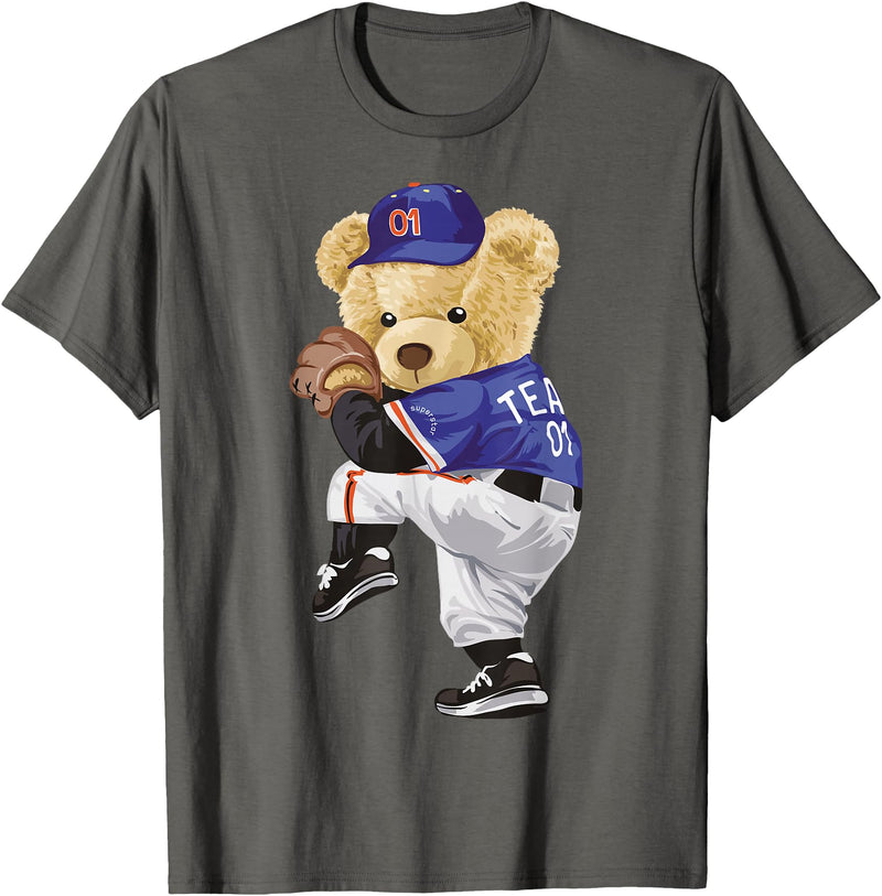 BERSLL Cute Teddy Bear Baseball Jug Sweatshirt T-Shirt - Asphalt Grey