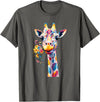 Colorful Floral Giraffe Rainbow Style Rainbow Giraffe with Flowers T-Shirt - Asphalt Grey